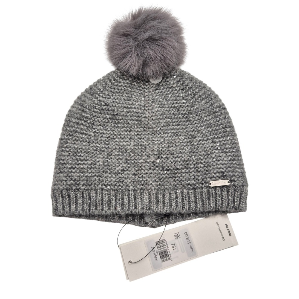 Calvin Klein Mini Sequin Faux Fur Pom Beanie Hat Heather Mid Gray One Size